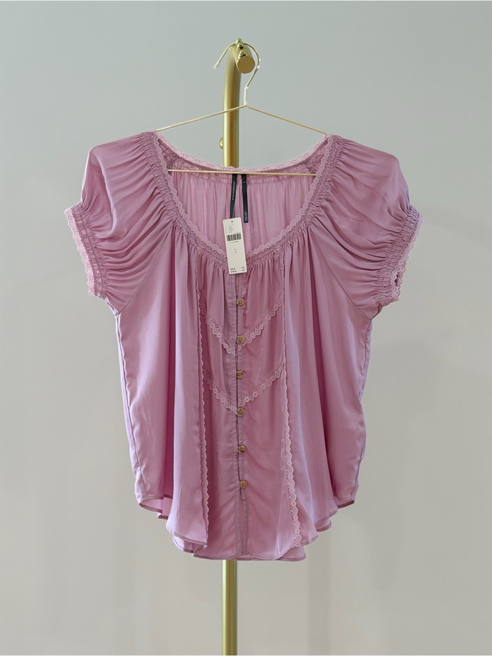 Anthropologie Lavender Lace-Trim Button Blouse